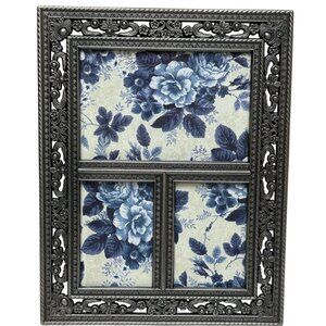 Vintage Photo Frame Antiqued Silvertone Openwork Scroll 8.75" High Made in Korea